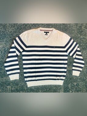 Tommy Hilfiger Mens V Neck Cotton Striped Ivory Navy Sweater Size L
